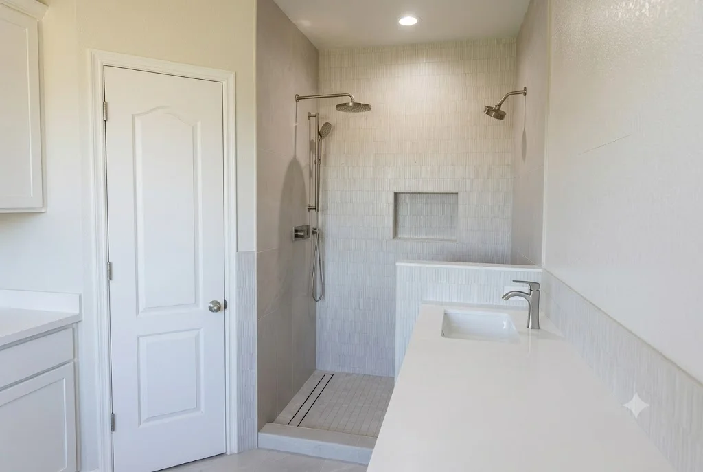 Modern bathroom with new tile, vanity, and fixtures installed by Emerald C Construction