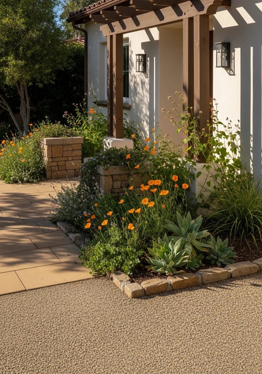 Close-up of a well-maintained Encinitas residential property entrance with native plantings and coastal architecture.