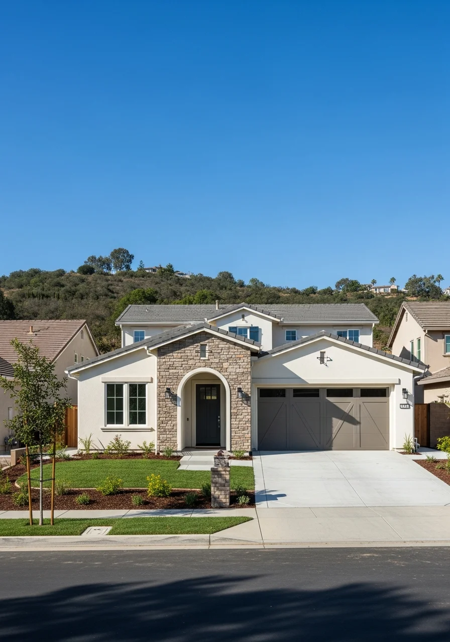San Marcos property detail showing contemporary home exterior and well-designed entry in a typical development area.