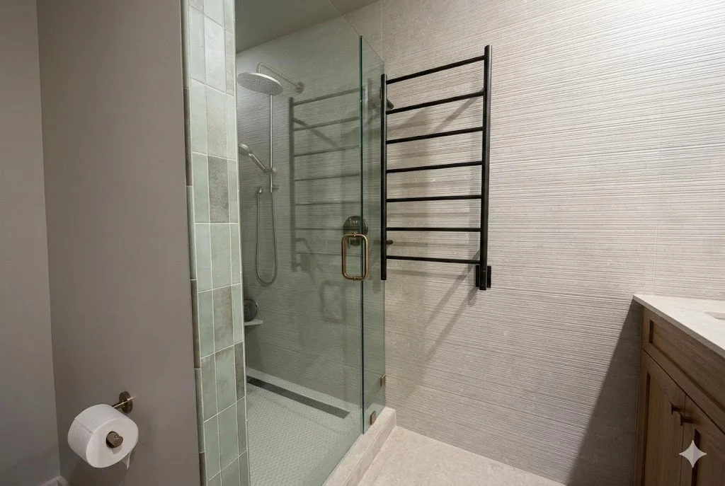 A remodeled bathroom in an Encinitas coastal home featuring a walk-in tile shower, wall-mounted vanity, and updated fixtures suited to the marine environment. The finished space reflects a clean, functional design appropriate for North County San Diego residential construction.