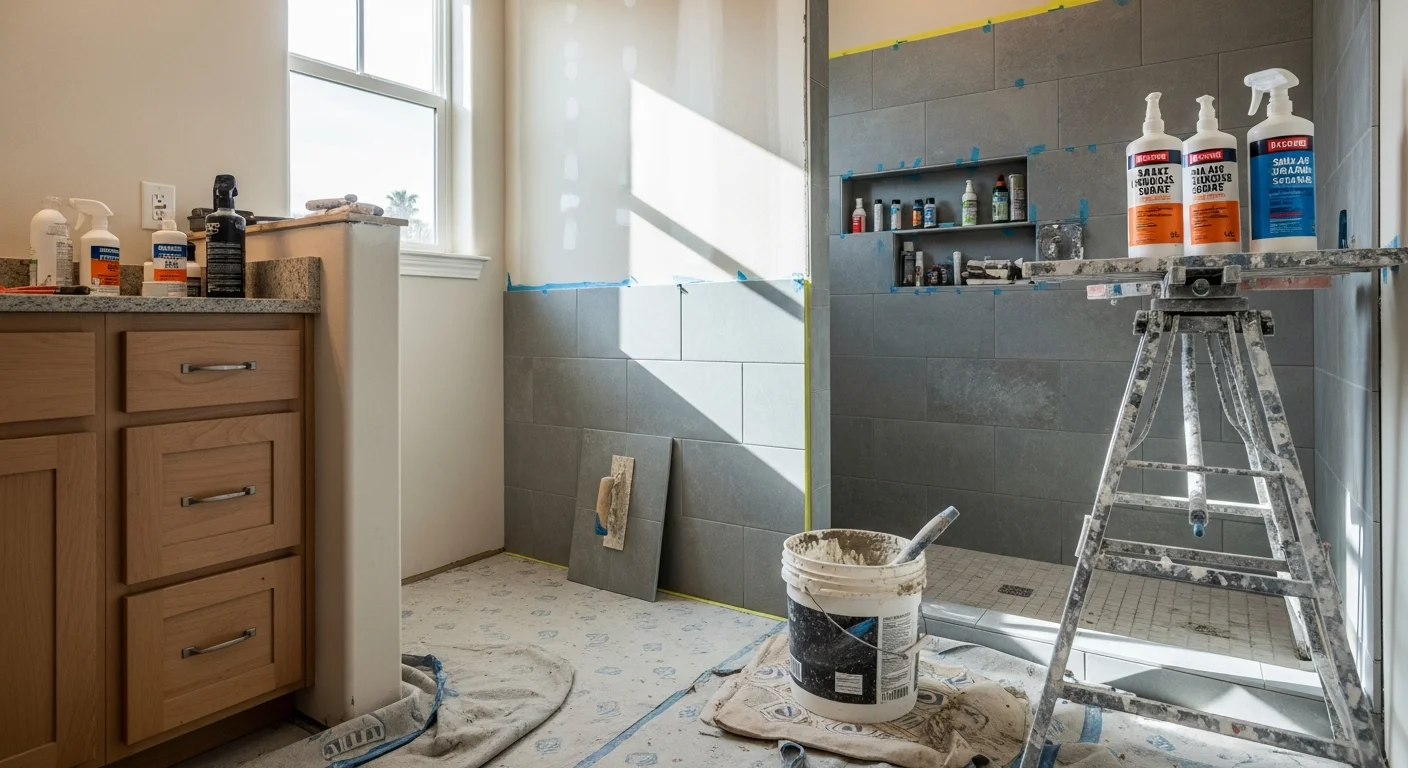 Newly installed bathroom floor and shower wall tile in an Encinitas home, showing level grout lines and a clean transition between the shower surround and bathroom floor. The finished space reflects the moisture-resistant installation approach used in coastal San Diego properties.