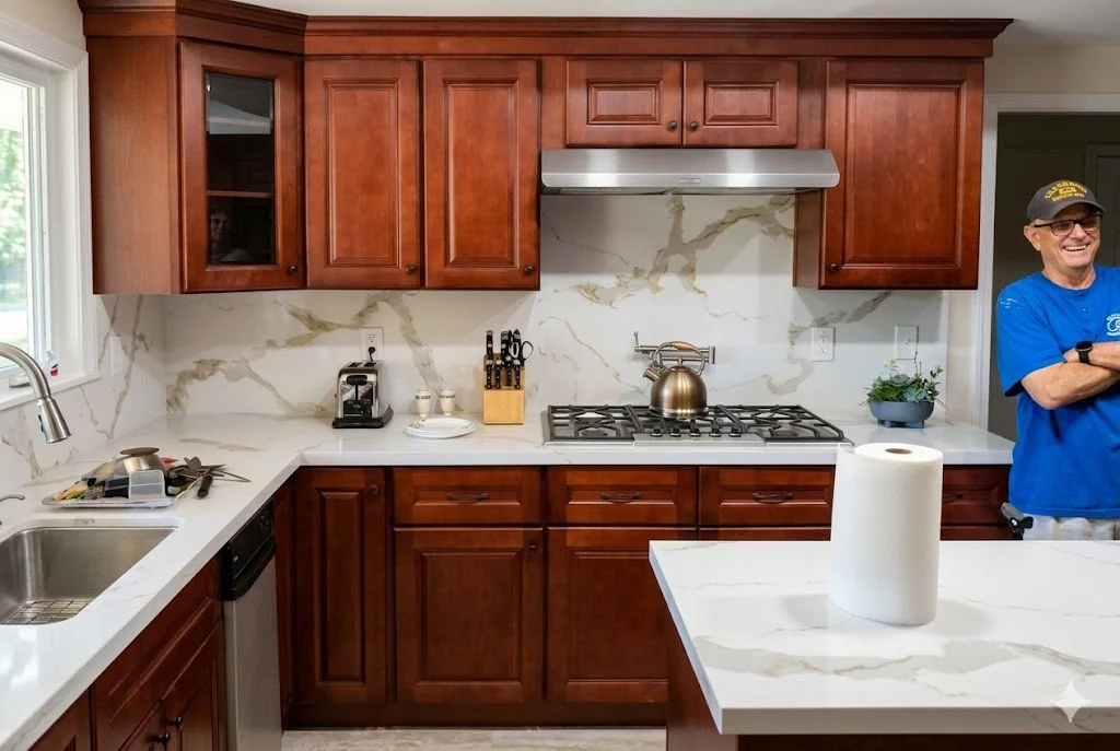 Newly installed custom kitchen cabinets in an Encinitas home, featuring floor-to-ceiling shaker-style doors in a light finish with integrated pull-out storage and clean hardware. The kitchen layout shows full wall coverage with no filler gaps, photographed in a single-story coastal California home.