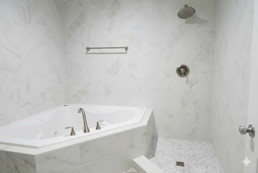 Marble herringbone tile bathroom with corner jetted tub and walk-in shower