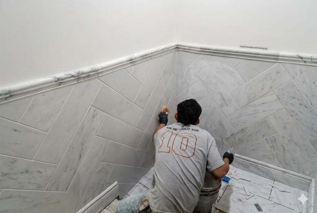 Freshly installed and finished drywall on the interior walls of a residential room in Encinitas, California, with smooth taped seams ready for paint. A contractor applies joint compound to a wall surface during a home remodel in coastal North County San Diego.