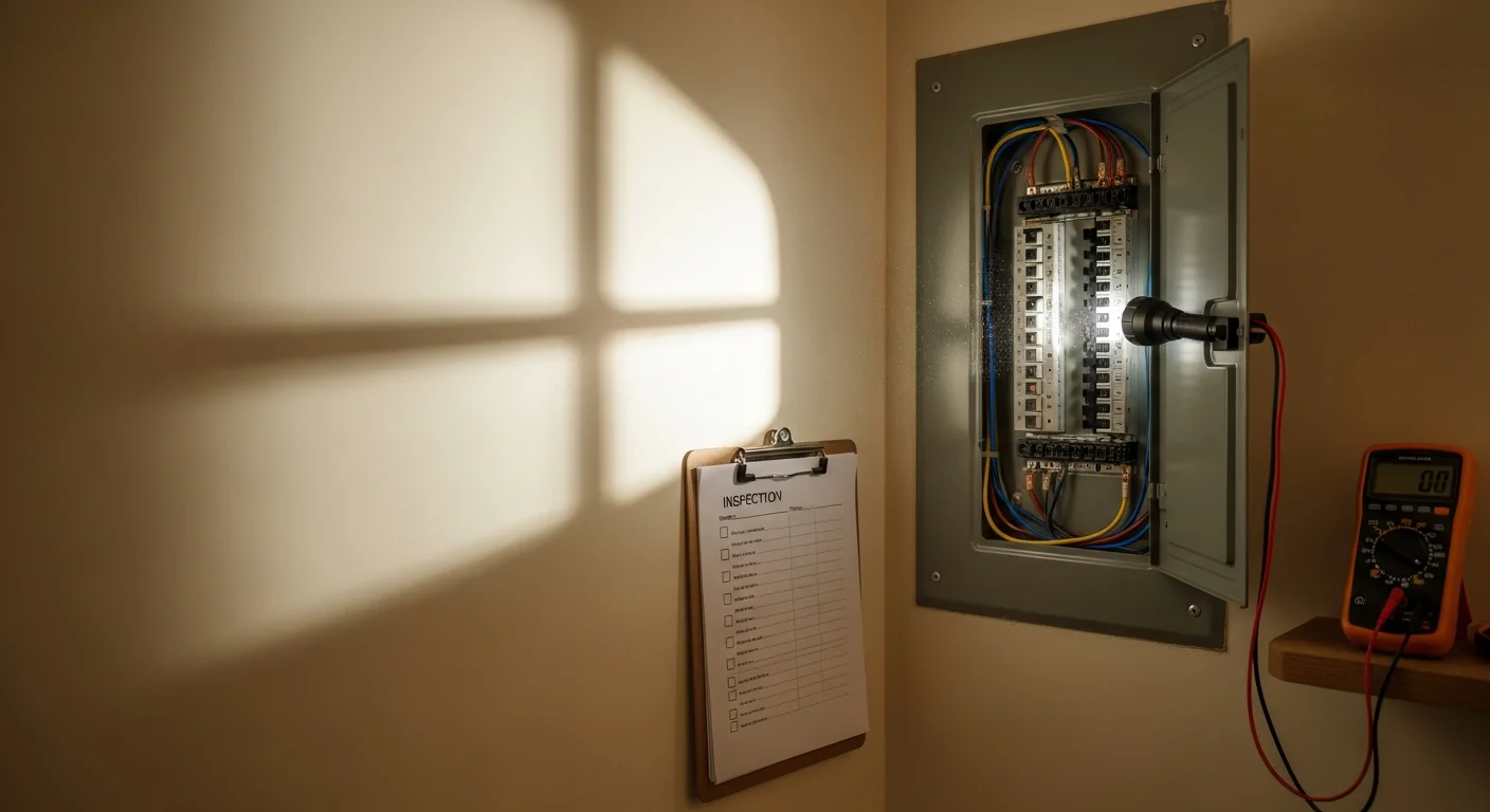 Licensed electrician conducting a residential electrical inspection in a Vista California home, reviewing the main panel and circuit breakers during a safety assessment.