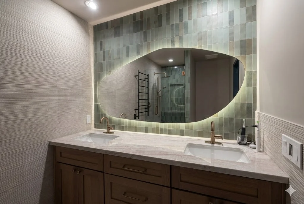 Double vanity with marble countertop, brushed gold faucets, backlit oval mirror, and sage green tile backsplash