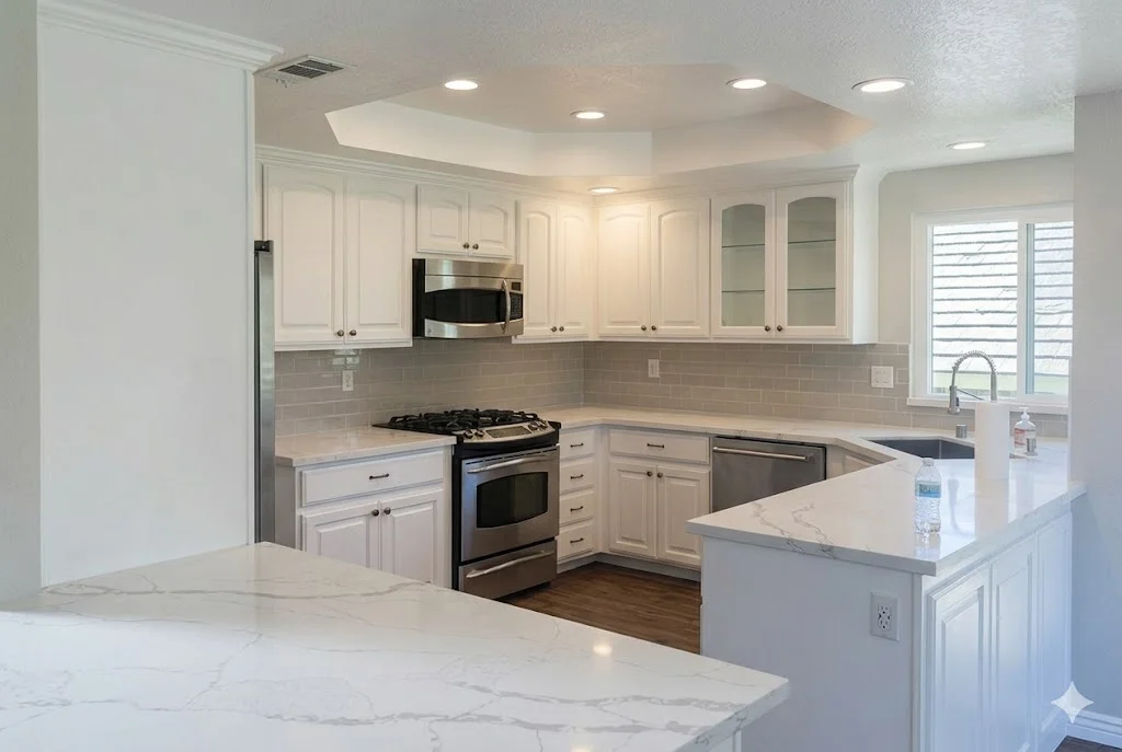 Newly installed kitchen countertop in an Encinitas home, showing a clean stone surface fitted along white cabinets with a coastal-style kitchen in the background. The countertop edges meet the walls with tight, even seams typical of a professional installation in a North County San Diego home.